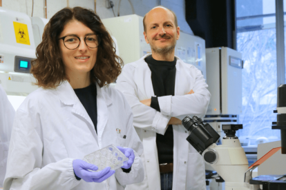 Alice Perucca y Xavier Trepat en los laboratorios del IBEC.