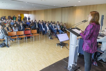 Paneque va explicar ahir a la Llotja el pla dels 50.000 habitatges a alcaldes i regidors del pla. - JORDI ECHEVARRIA