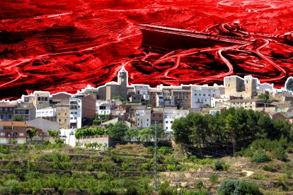 El poble de l'Albagés, a les Garrigues, des de la presa del pantà.