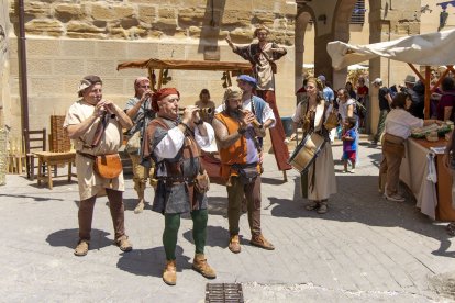 Un grup de músics i malabaristes amenitzen el mercat de productes situat al costat de l’església de Santa Maria. - JORDI ECHEVARRIA