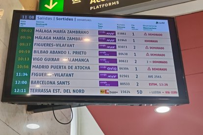Un panell informatiu a l'estació de Lleida aquest dimecres al matí.