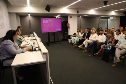 La consellera Paneque (al centre de la taula) va presentar ahir a Lleida els detalls del Pla de Barris. - MAGDALENA ALTISENT