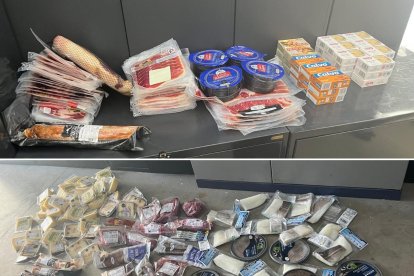 Els productes alimentaris furtats en dos supermercats del Pla d'Urgell que han pogut ser recuperats pels Mossos d'Esquadra.
