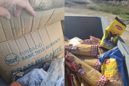 La caixa del Banc dels Aliments i productes a les escombraries.