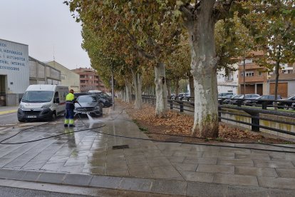 Un treballador de l'ajuntament de Mollerussa neteja el carrer del Canal.