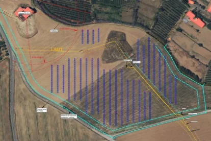 Pla de l’‘agroparc’ projectat, que deixa 100 metres de distància amb una masia protegida. - CAPARRELLA SOLAR SL
