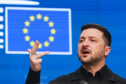 El president ucraïnès, Volodímir Zelenski, durant la seua intervenció a Brussel·les. - EFE