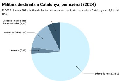 Gràfic amb el pes de cada exèrcit entre el total dels 798 militars espanyols destinats o adscrits a Catalunya