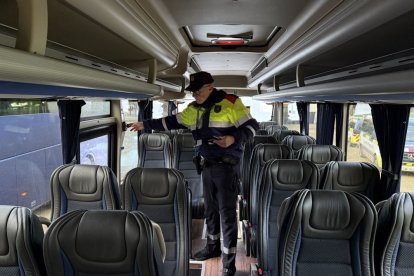 Un agent de Trànsit dels Mossos d’Esquadra inspeccionant ahir un autocar escolar. ; Array