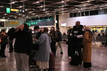 Passatgers desconcertats a l’estació de Sants miren les pantalles que informen de la sortida, arribada o cancel·lació de trens. - ACN