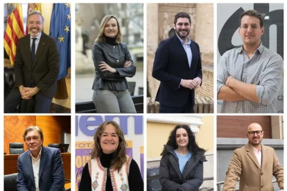 D’esquerra a dreta i de dalt a baix els candidats: Jorge Azcón (PP), Pilar Alegría (PSOE), Alejandro Nolasco (Vox), Jorge Pueyo (CHA), Tomás Guitarte (Aragó Existeix), María Goicoechea (Podem), Marta Abengochea (IU-Sumar), Alberto Izquierdo (PAR). - EUROPA PRESS