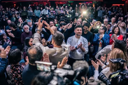 Rufián i Delgado arribant a l’acte sobre el futur de l’esquerra alternativa. - EUROPA PRESS