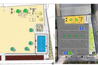 La recreació de la proposta de convertir la zona en una plaça (primera imatge) i el disseny per transformar les antigues piscines en pàrquing (segona imatge)