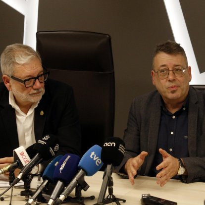El president de Mercolleida i alcalde de Lleida, Fèlix Larrosa, i el director general de Mercolleida, Miquel Àngel Bergés, en roda de premsa.