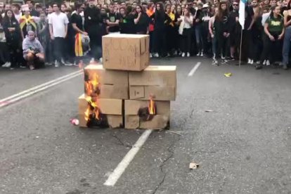 VÍDEO | Cremen a Lleida fotografies del Rei, Pedro Sánchez i els membres del Tribunal