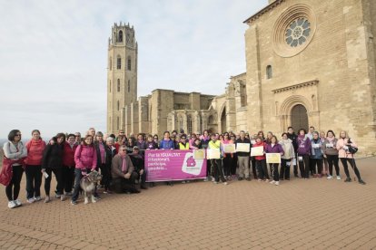 Foto de família davant de la Seu Vella dels participants en la caminada.