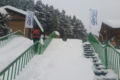 Un operario de la brigada de La Seu retirando nieve de la calzada.