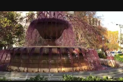 VÍDEO | El agua de la fuente de la plaza de la Pau de Lleida, teñida de lila