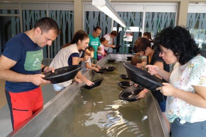 Petits i grans busquen palletes d’or al riu mitjançant l’antic procés de tamisat.