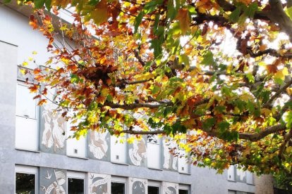 Nens a les portes de la biblioteca de les Borges.