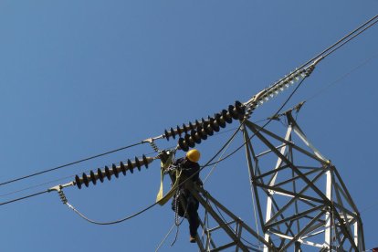 Operarios de Endesa cambiando ayer los aislantes de una torre en Almenar.