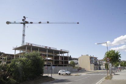 Las dos grúas de obra en el edificio abandona de Miralcamp, donde hay hasta diez nidos de cigüeñas.