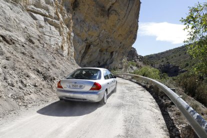 La cua del pantà de Canelles abans d’entrar al congost de Mont-rebei, totalment seca per la falta de precipitacions.