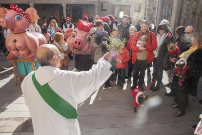 Varios tractores desfilando ayer en uno de los Tres Tombs ante miles de personas en El Pati de Tàrrega.