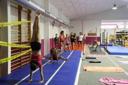 Gimnastes del Club Gimnàstic Lleida durant la sessió d’ahir després de reprendre l’activitat dimecres.