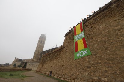 La pancarta gigante que Vox desplegó ayer en la Seu Vella.