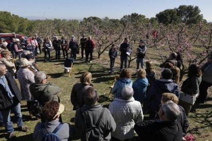 Visitants passejant per un camp florit a Alcarràs, i a la imatge de la dreta els turistes que van participar en les rutes que es van organitzar ahir al matí.
