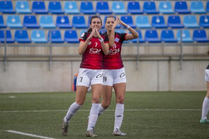 La plantilla y el cuerpo técnico del AEM celebran al final del partido una nueva victoria, conseguida ayer en el campo del Seagull, de Badalona.