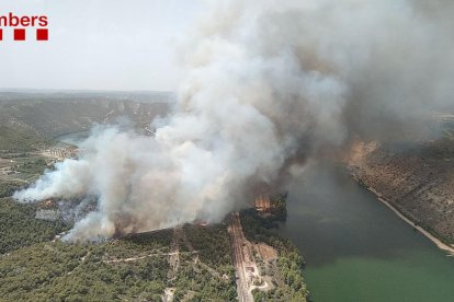 Bomberos en el incendio de vegetación que se originó ayer de madrugada en Vilaplana, núcleo de la Baronia de Rialb.