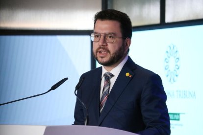 El president de Govern, Pere Aragonès, parlant durant el Barcelona Tribuna, a Casa Seat.