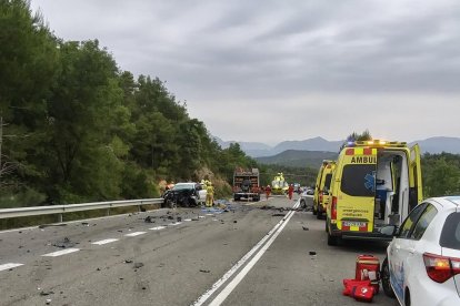 Bomberos limpiando la carretera, que estuvo unas tres horas cortada, y al fondo uno de los turismos implicados.