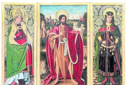 Presentación ayer del plan de impulso para el Museu de Lleida, con el frontal románico del santuario de Rigatell, en Areny (izq. en 2º plano).