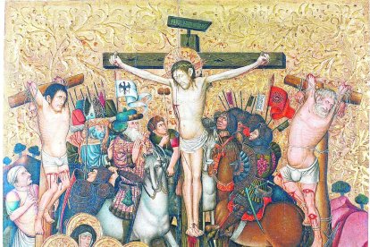 Presentación ayer del plan de impulso para el Museu de Lleida, con el frontal románico del santuario de Rigatell, en Areny (izq. en 2º plano).