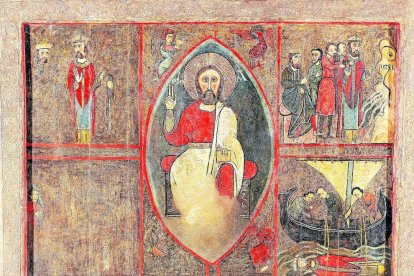 Presentación ayer del plan de impulso para el Museu de Lleida, con el frontal románico del santuario de Rigatell, en Areny (izq. en 2º plano).