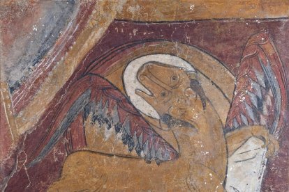 Fragmento de una pintura que decoraba el intradós de la ventana central del ábside de la iglesia de Sant Llorenç de Isavarre, en Sorpe.