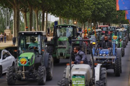 La columna de tractors, al seu pas per l'avinguda Madrid de Lleida.
