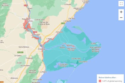 En azul, la zona del Delta del Ebro que desaparecería si la temperatura global aumentara 1,5 grados y en rojo si subiera 3,5.