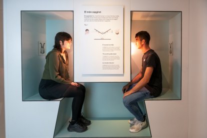 Un dels mòduls és un conjunt de tres miralls disposats de tal manera Un visitant travessa el túnel de calidoscopis a CaixaForum Lleida. 
que la imatge que veiem al tercer està canviada.