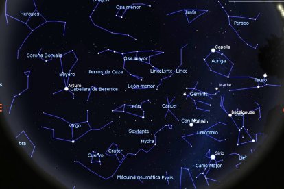 Cel de Lleida a les 22.00 hores del dia 20 de març de 1264 (equinocci de primavera) amb les constel·lacions i estrelles indicades a l’article.