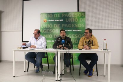 La roda de premsa d'UP a Lleida per fer balanç del sector porcí durant l'any 2023.