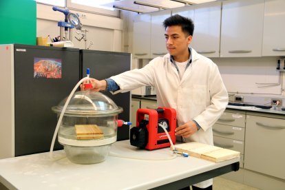Un estudiant doctoral utilitza una màquina d'impregnació al buit