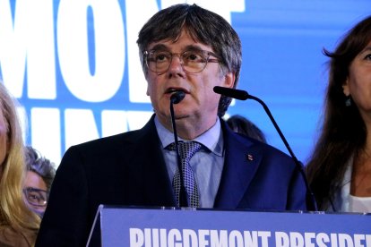 El candidat de Junts+, Carles Puigdemont, durant la seva compareixença