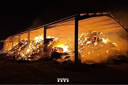 Una imagen del incendio en Anglesola este domingo por la noche.