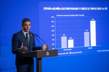 El president Pedro Sánchez en la roda de premsa posterior al Consell de Ministres de dilluns. / Alejandro Martínez Vélez - Europa Press
