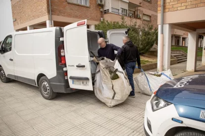 Dos dels investigadors amb dos sacs plens de marihuana. - JORDI ECHEVARRIA