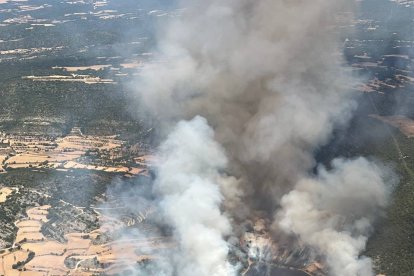 Columna de fum l'incendi agrícola i forestal de Sanaüja, a la Segarra